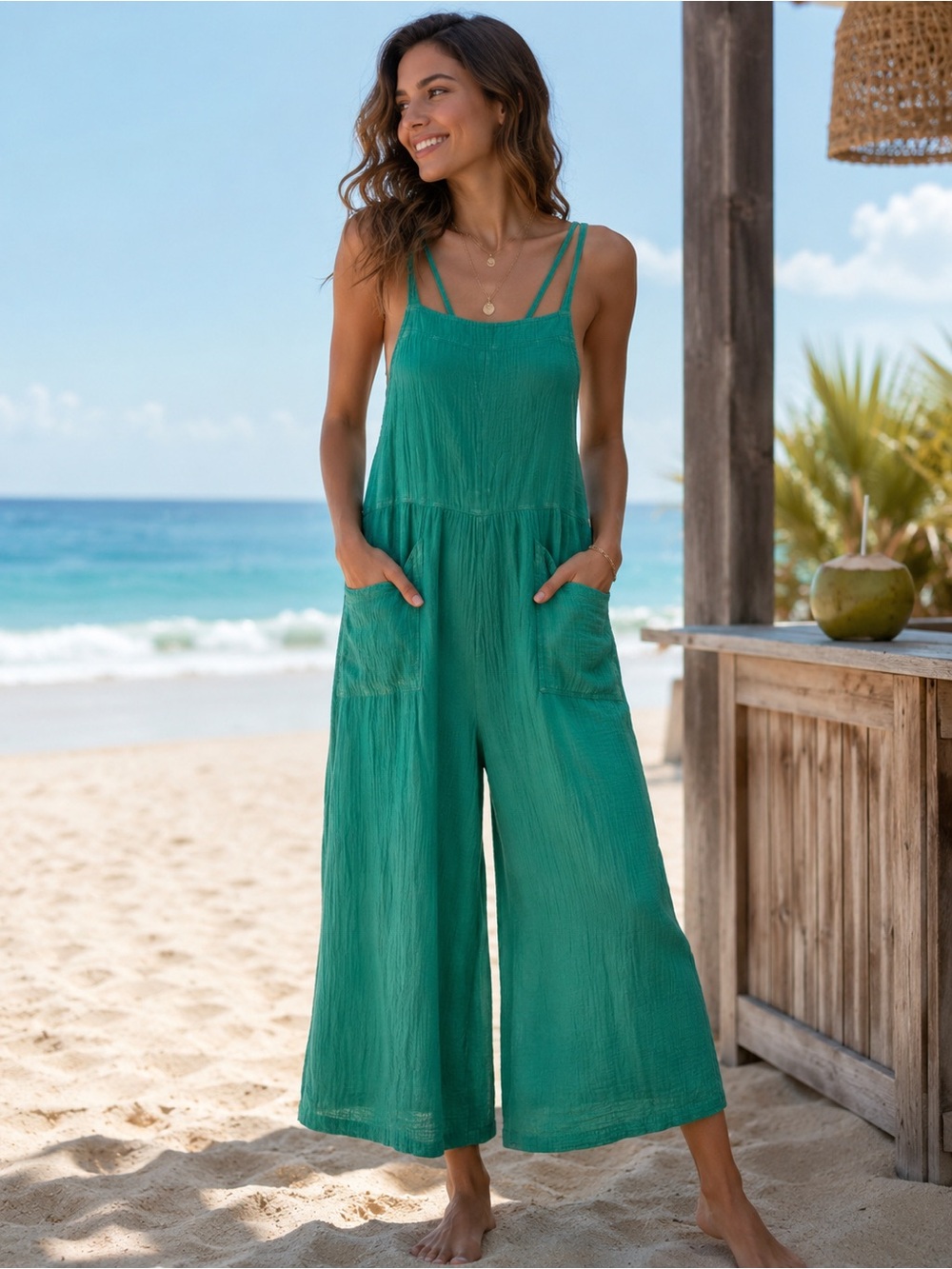 EASEL Teal Wide-Leg Spaghetti-Strap Jumpsuit